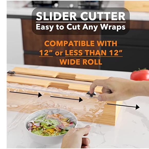 NEW 2 in 1 Wrap Dispenser Bamboo Roll Organizer with Cutter and Labels - Picture 3 of 3